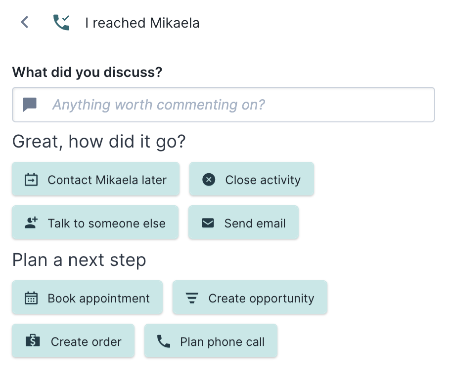 Upsales phone call quick actions