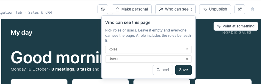 The Who can see this page panel with Roles and Users pickers