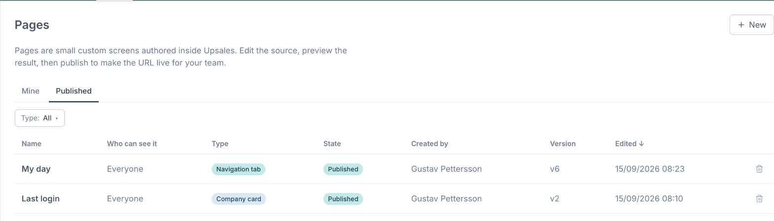 The Pages list, Published tab, showing the Who can see it, Type and State columns