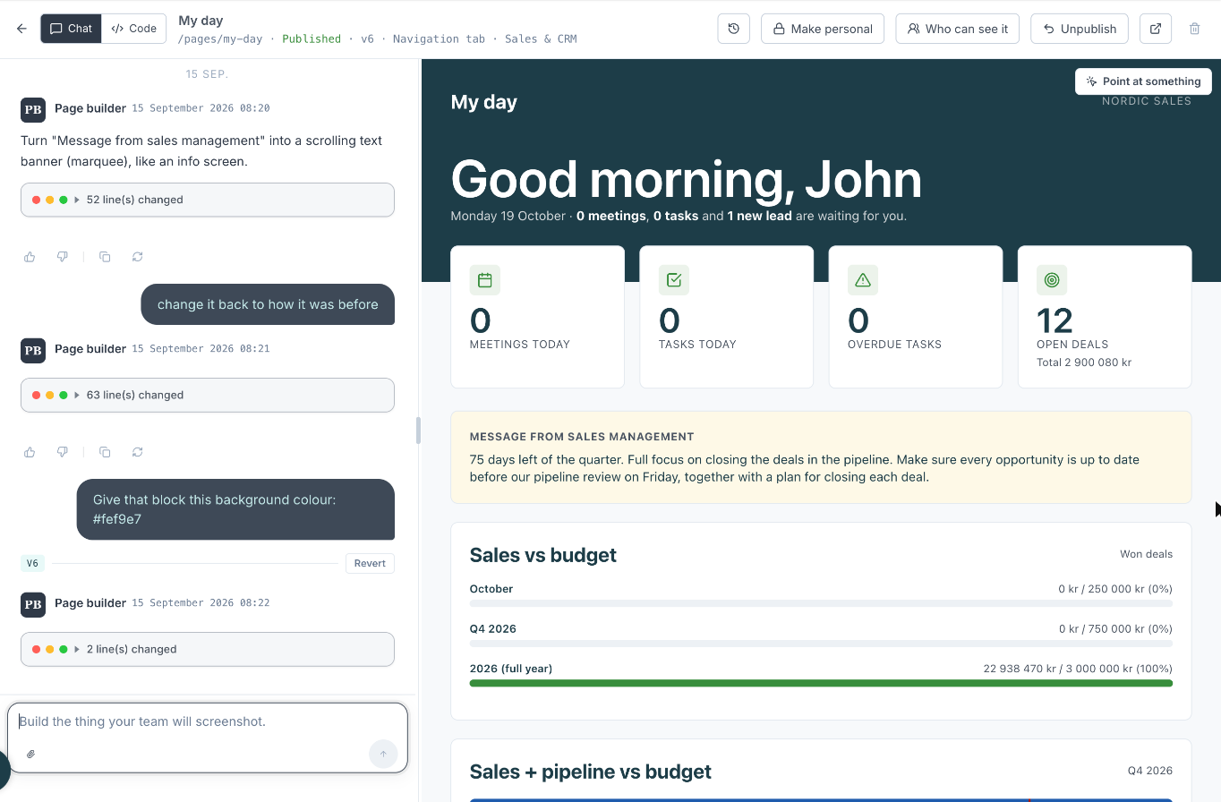 The Page editor: Chat and Code toggle top left, state, version and type under the page name, and the version history, Make personal, Who can see it, Unpublish, open and delete buttons top right