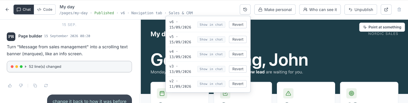 The version history dropdown listing v2 to v6 with Show in chat and Revert buttons
